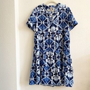 CHICOS‎ Women's Tie Dye Blue Dress Chicos 2 US Large Beachy Boho V Neck